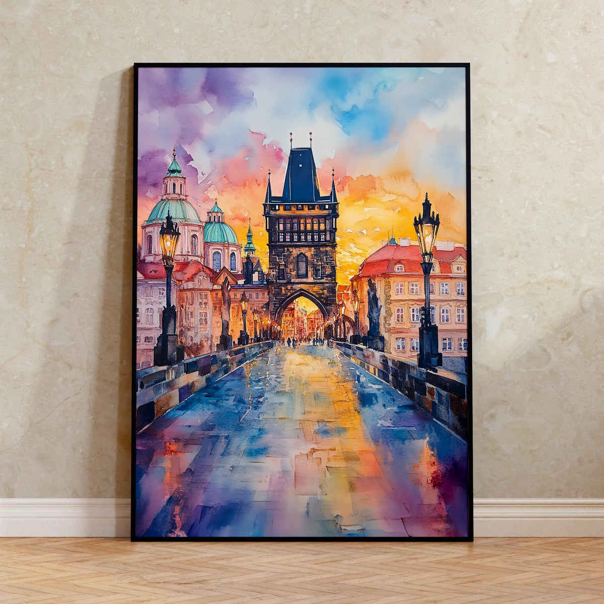 Prague Watercolor Poster, Charles Bridge Print, Czech Republic Wall Art