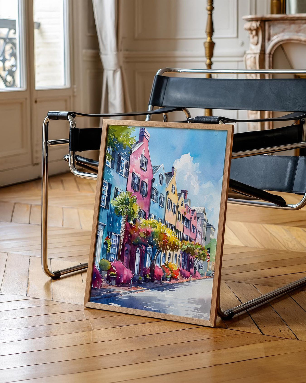 Charleston Watercolor Poster, Rainbow Row Print, South Carolina Wall Art