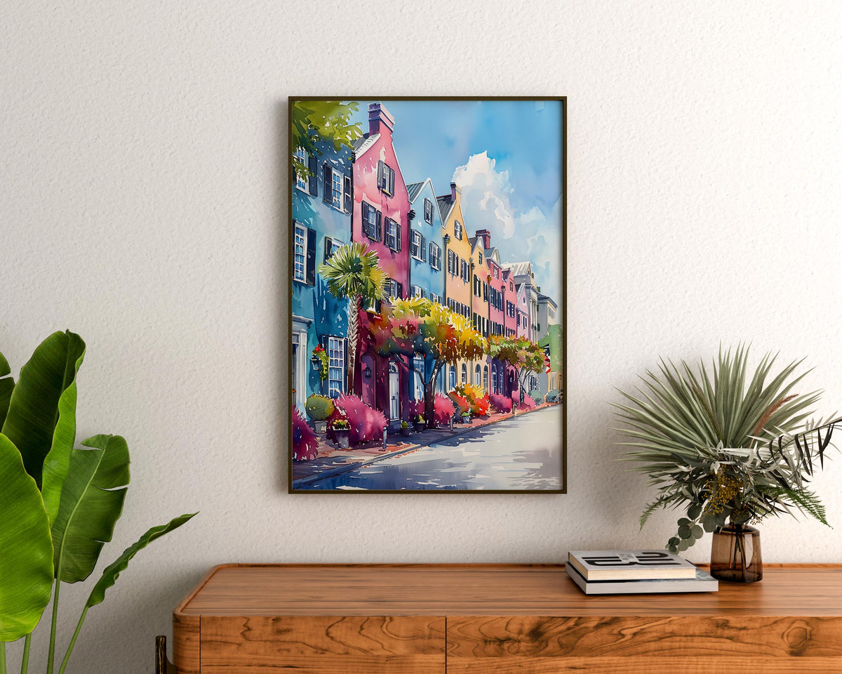 Charleston Watercolor Poster, Rainbow Row Print, South Carolina Wall Art