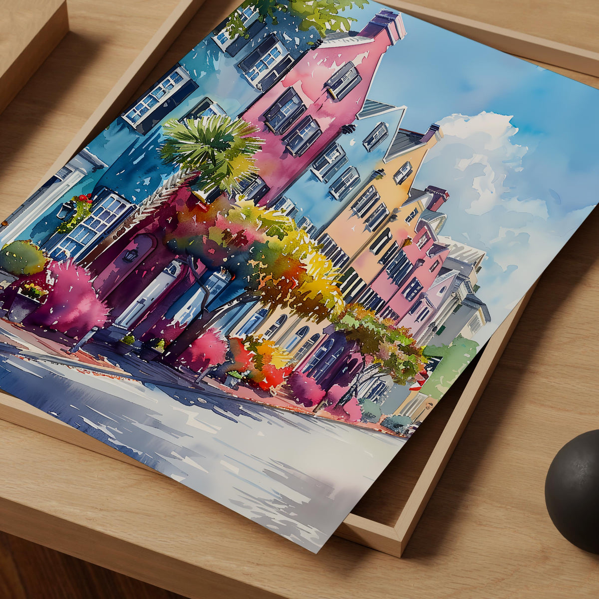 Charleston Watercolor Poster, Rainbow Row Print, South Carolina Wall Art