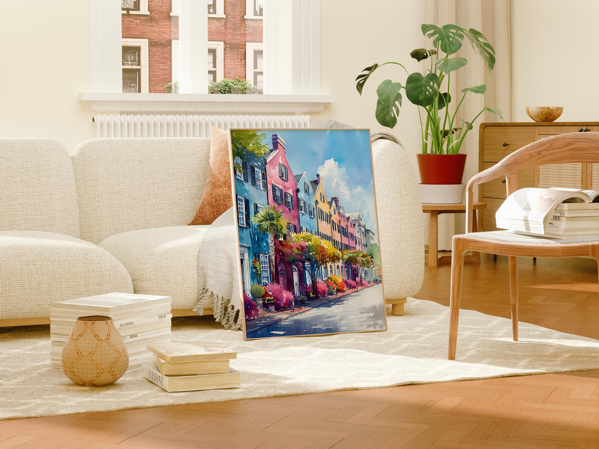 Charleston Watercolor Poster, Rainbow Row Print, South Carolina Wall Art