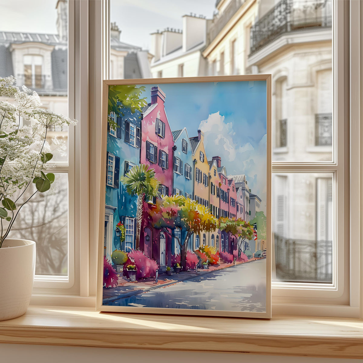 Charleston Watercolor Poster, Rainbow Row Print, South Carolina Wall Art