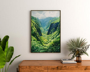 Halawa Valley Watercolor Poster, Molokai Hawaii Print, Tropical Travel Decor