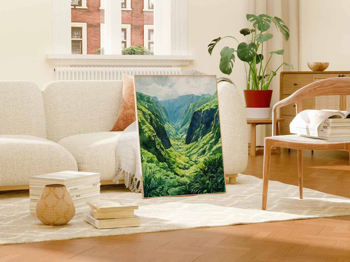 Halawa Valley Watercolor Poster, Molokai Hawaii Print, Tropical Travel Decor