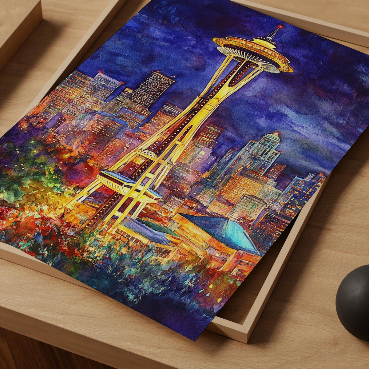 Seattle Space Needle Poster, Washington Travel Art, Watercolor Travel Print