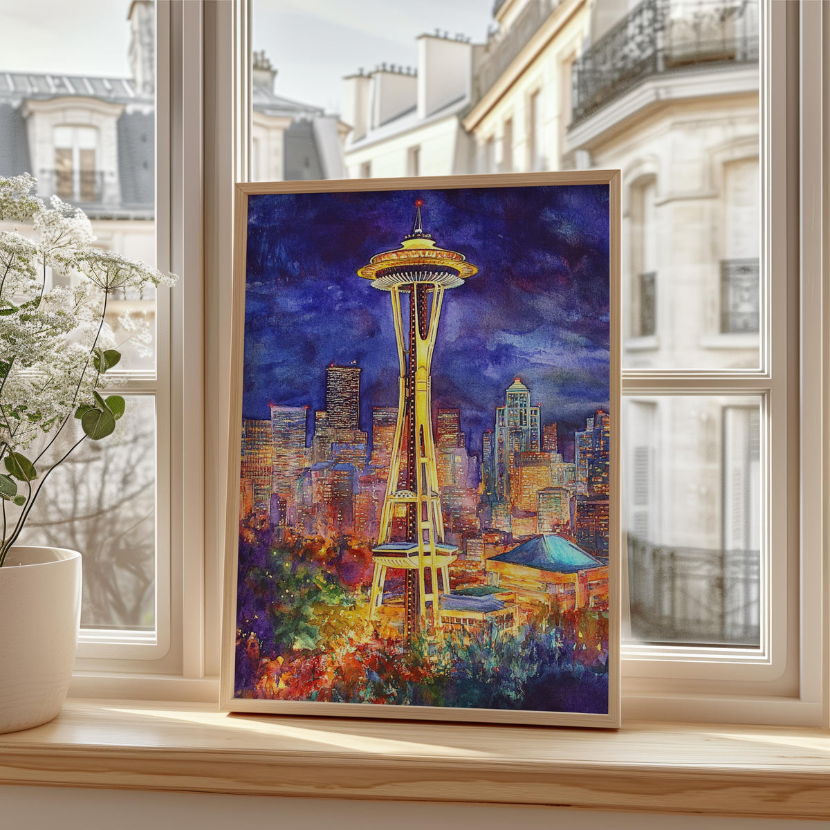 Seattle Space Needle Poster, Washington Travel Art, Watercolor Travel Print