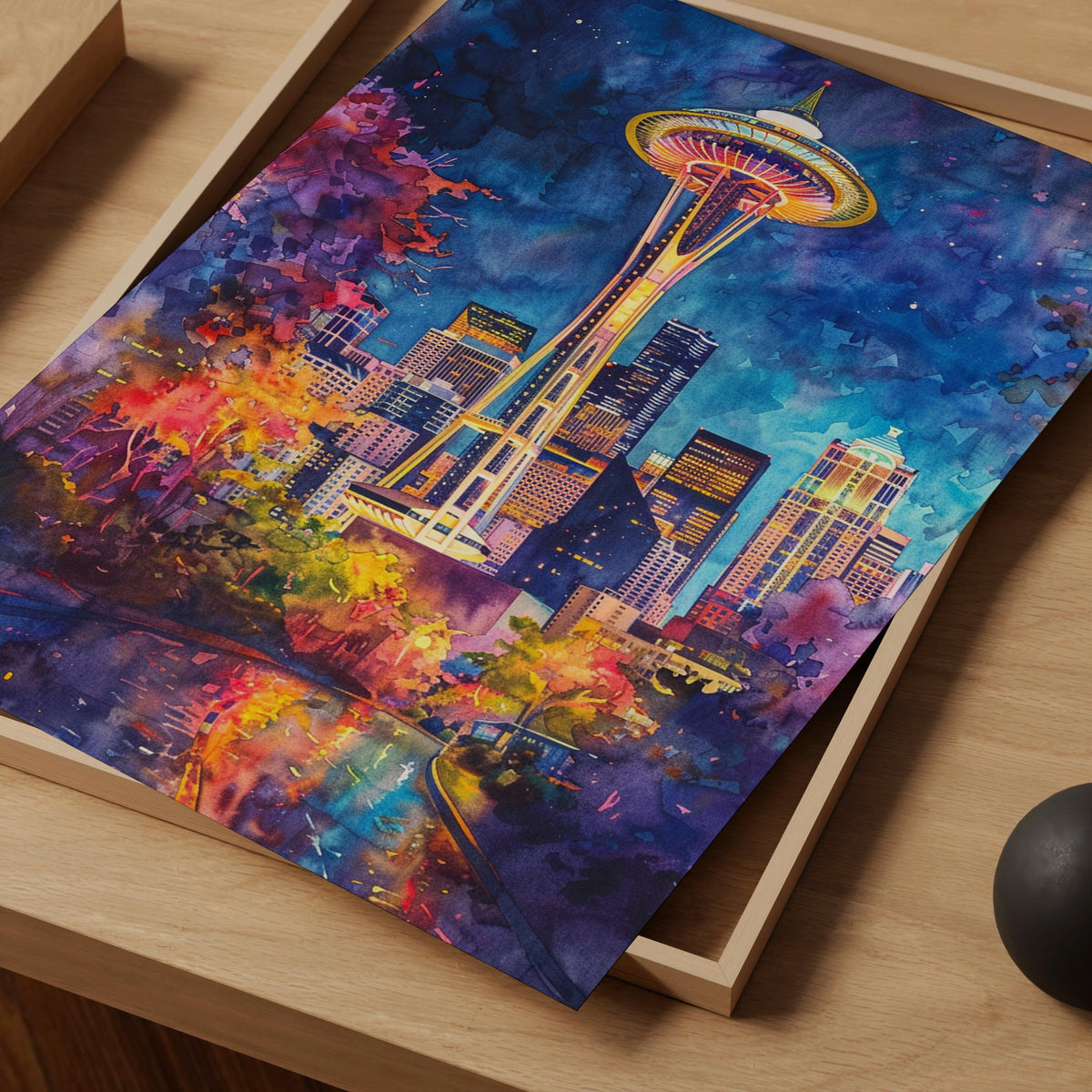 Seattle Watercolor Poster, Space Needle Wall Art, Modern Architecture Print