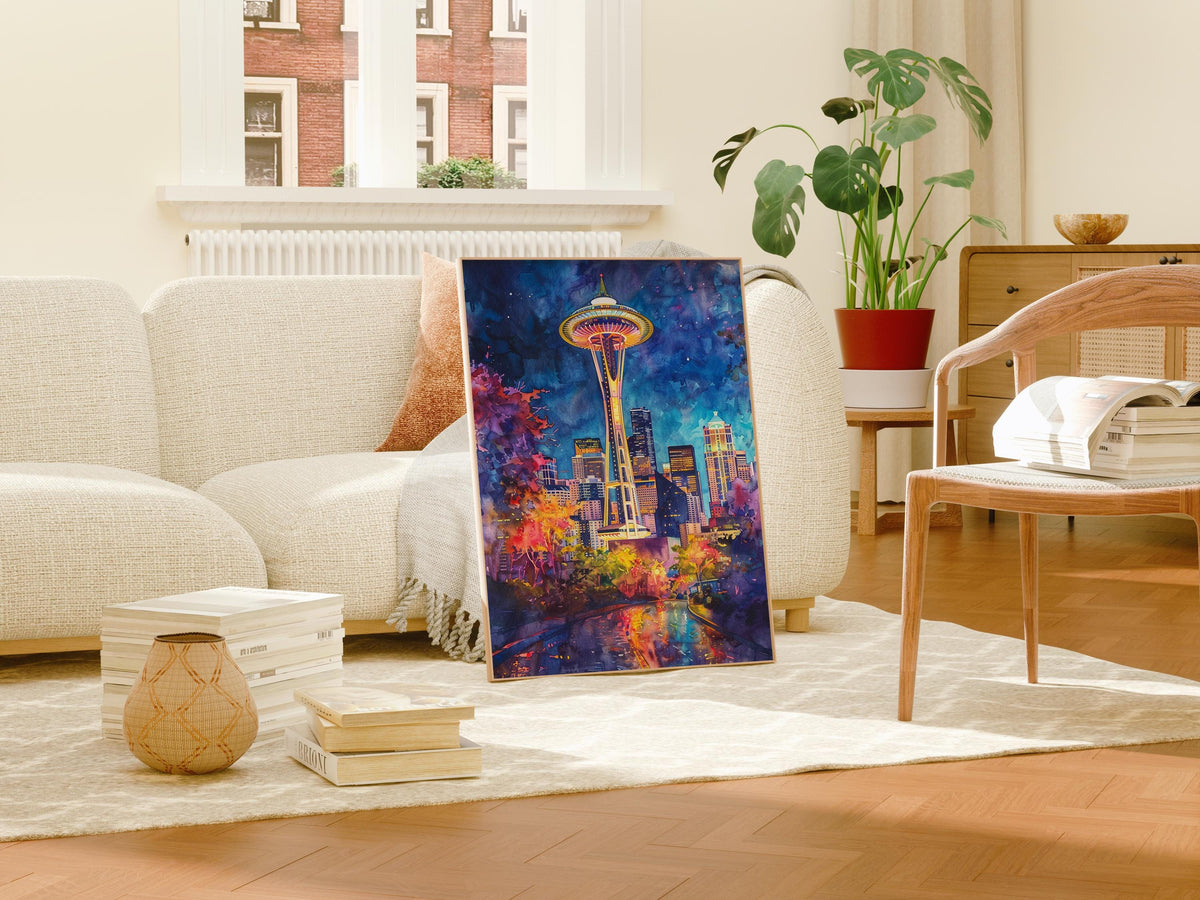 Seattle Watercolor Poster, Space Needle Wall Art, Modern Architecture Print