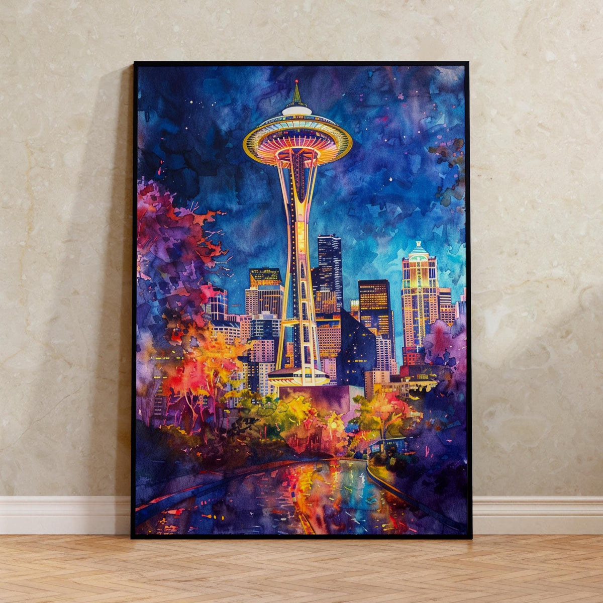 Seattle Watercolor Poster, Space Needle Wall Art, Modern Architecture Print