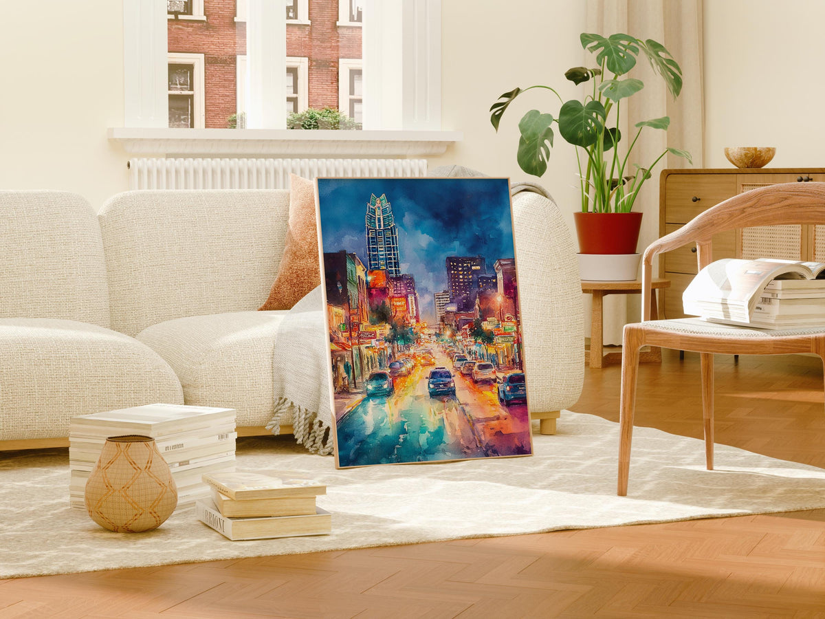 Austin Sixth Street Poster, Texas Wall Art, Watercolor Travel Print