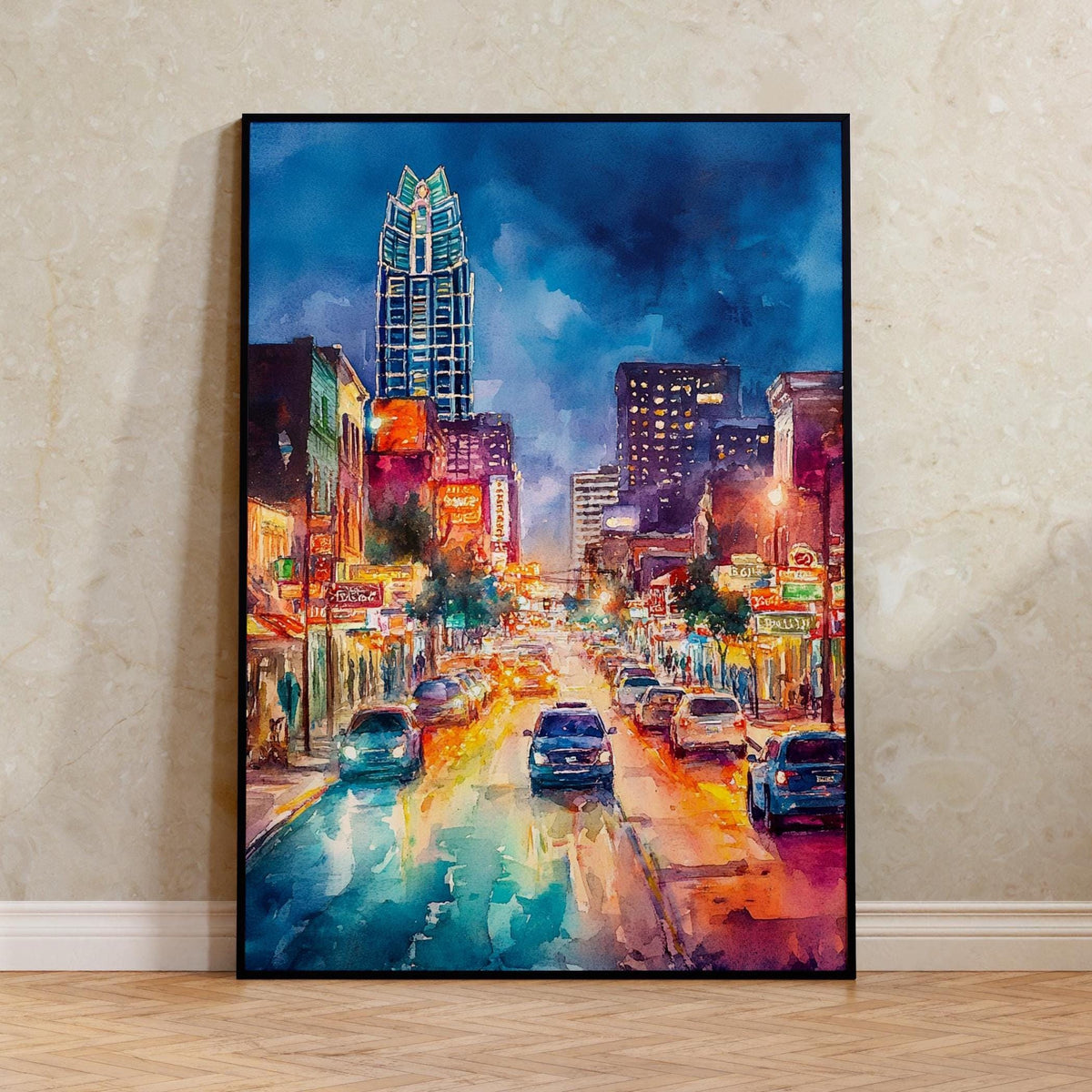 Austin Sixth Street Poster, Texas Wall Art, Watercolor Travel Print