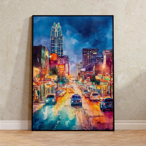 Austin Sixth Street Poster, Texas Wall Art, Watercolor Travel Print