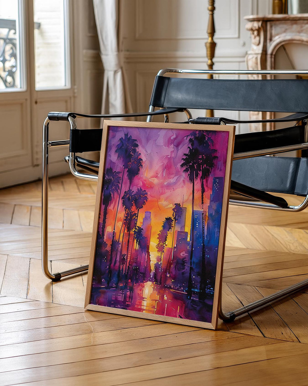 Los Angeles Skyline Watercolor Travel Poster, California Palm Trees Wall Art