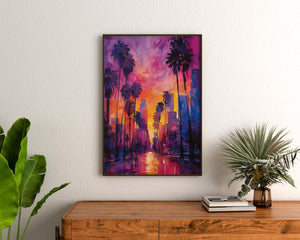 Los Angeles Skyline Watercolor Travel Poster, California Palm Trees Wall Art