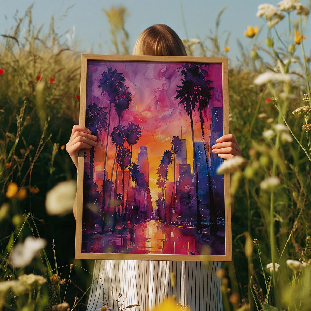 Los Angeles Skyline Watercolor Travel Poster, California Palm Trees Wall Art