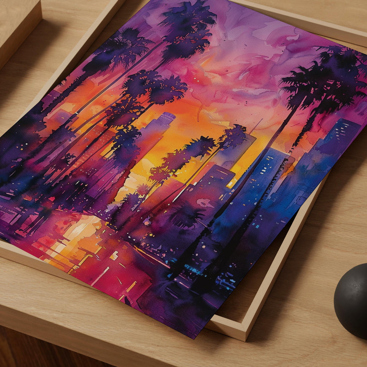 Los Angeles Skyline Watercolor Travel Poster, California Palm Trees Wall Art