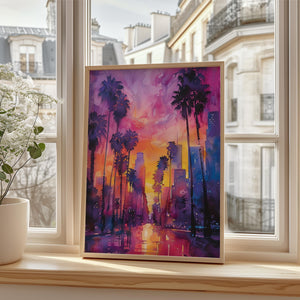 Los Angeles Skyline Watercolor Travel Poster, California Palm Trees Wall Art