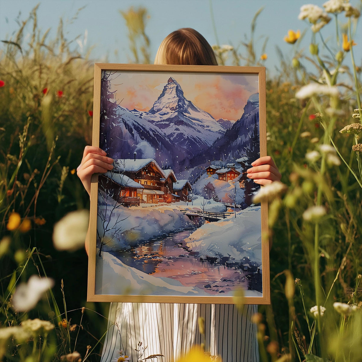Matterhorn Watercolor Art Print - Swiss Mountain Landscape Poster - Zermatt Switzerland Print