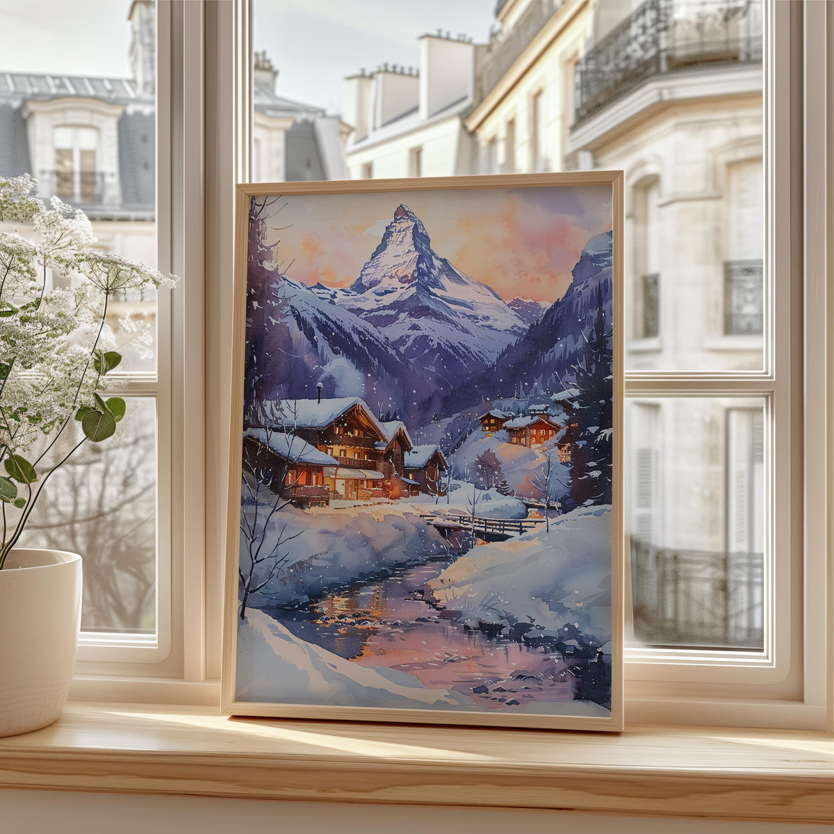Matterhorn Watercolor Art Print - Swiss Mountain Landscape Poster - Zermatt Switzerland Print