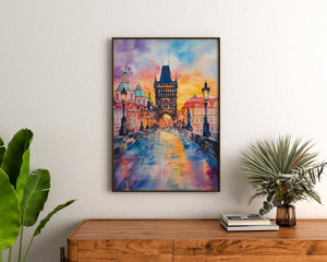 Prague Watercolor Poster, Charles Bridge Print, Czech Republic Wall Art