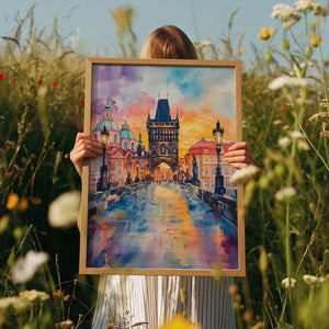 Prague Watercolor Poster, Charles Bridge Print, Czech Republic Wall Art