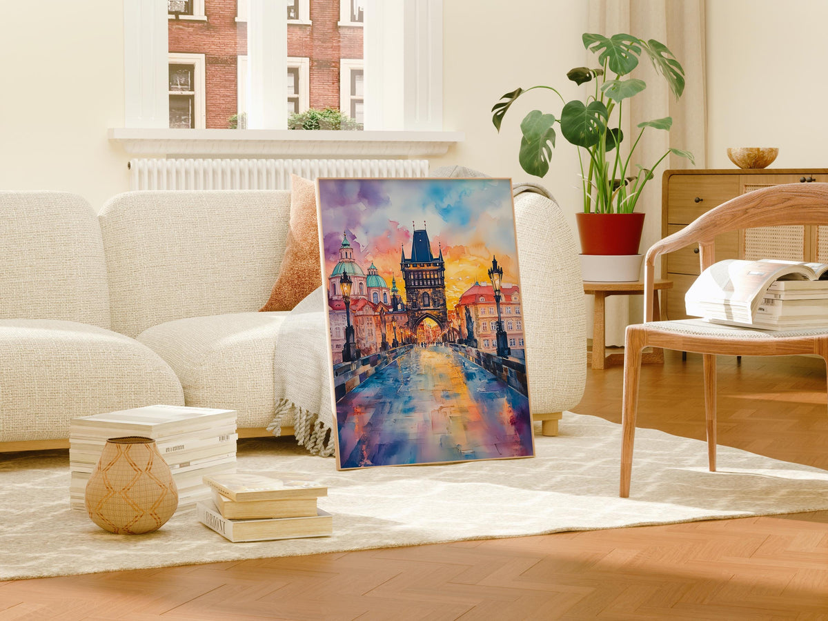 Prague Watercolor Poster, Charles Bridge Print, Czech Republic Wall Art