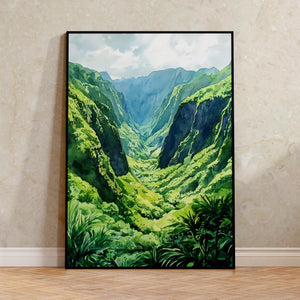 Halawa Valley Watercolor Poster, Molokai Hawaii Print, Tropical Travel Decor