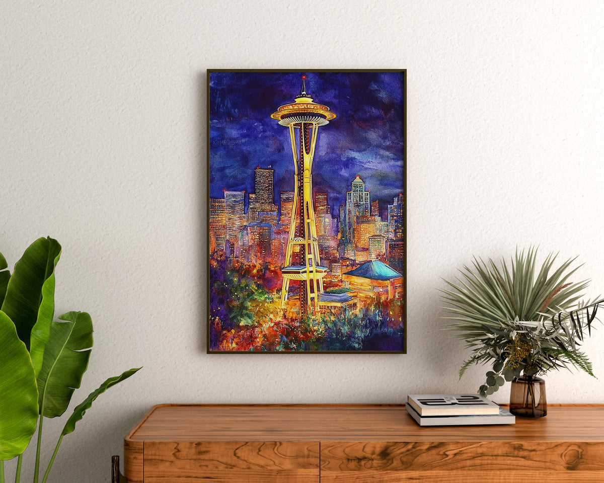 Seattle Space Needle Poster, Washington Travel Art, Watercolor Travel Print