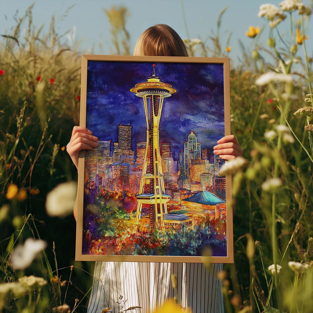 Seattle Space Needle Poster, Washington Travel Art, Watercolor Travel Print