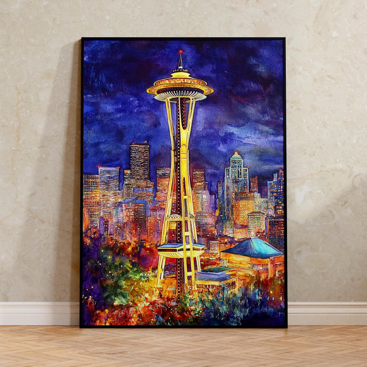 Seattle Space Needle Poster, Washington Travel Art, Watercolor Travel Print