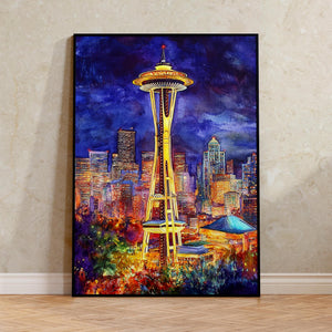 Seattle Space Needle Poster, Washington Travel Art, Watercolor Travel Print