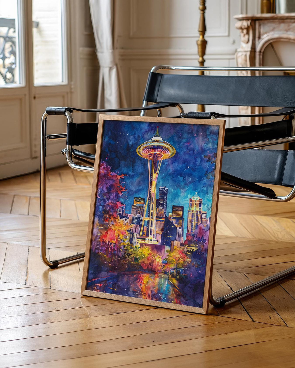 Seattle Watercolor Poster, Space Needle Wall Art, Modern Architecture Print