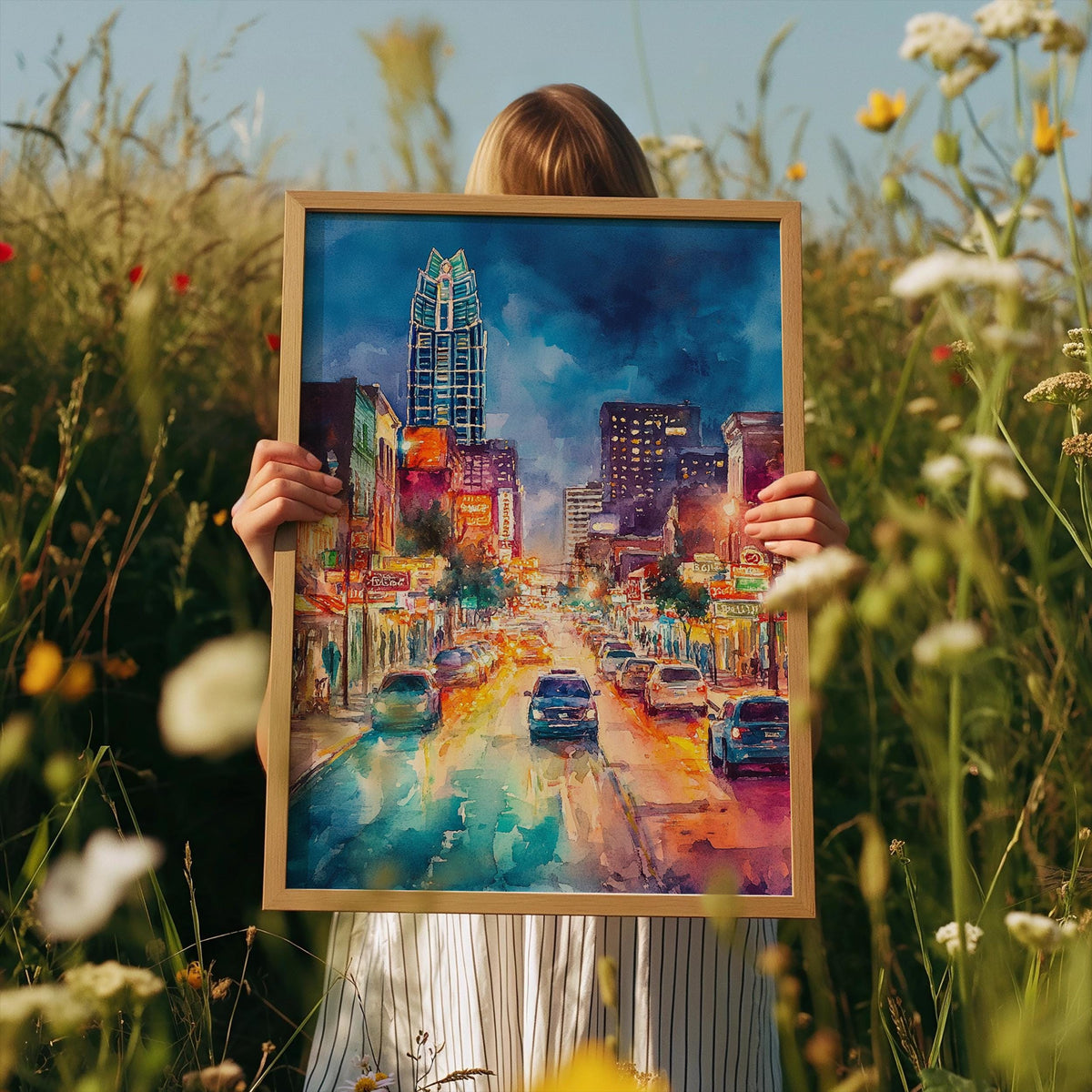 Austin Sixth Street Poster, Texas Wall Art, Watercolor Travel Print