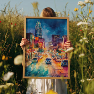 Austin Sixth Street Poster, Texas Wall Art, Watercolor Travel Print