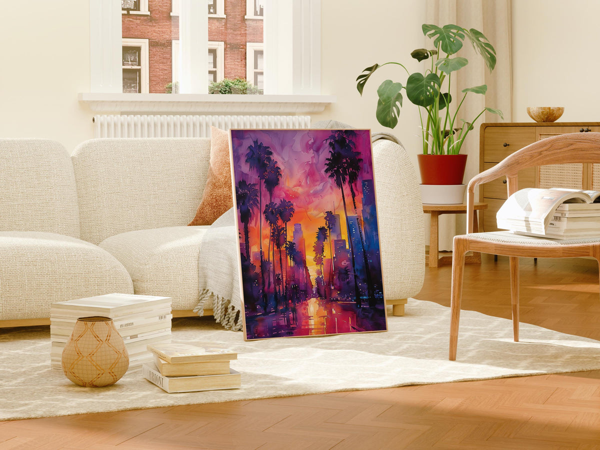 Los Angeles Skyline Watercolor Travel Poster, California Palm Trees Wall Art