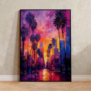 Los Angeles Skyline Watercolor Travel Poster, California Palm Trees Wall Art