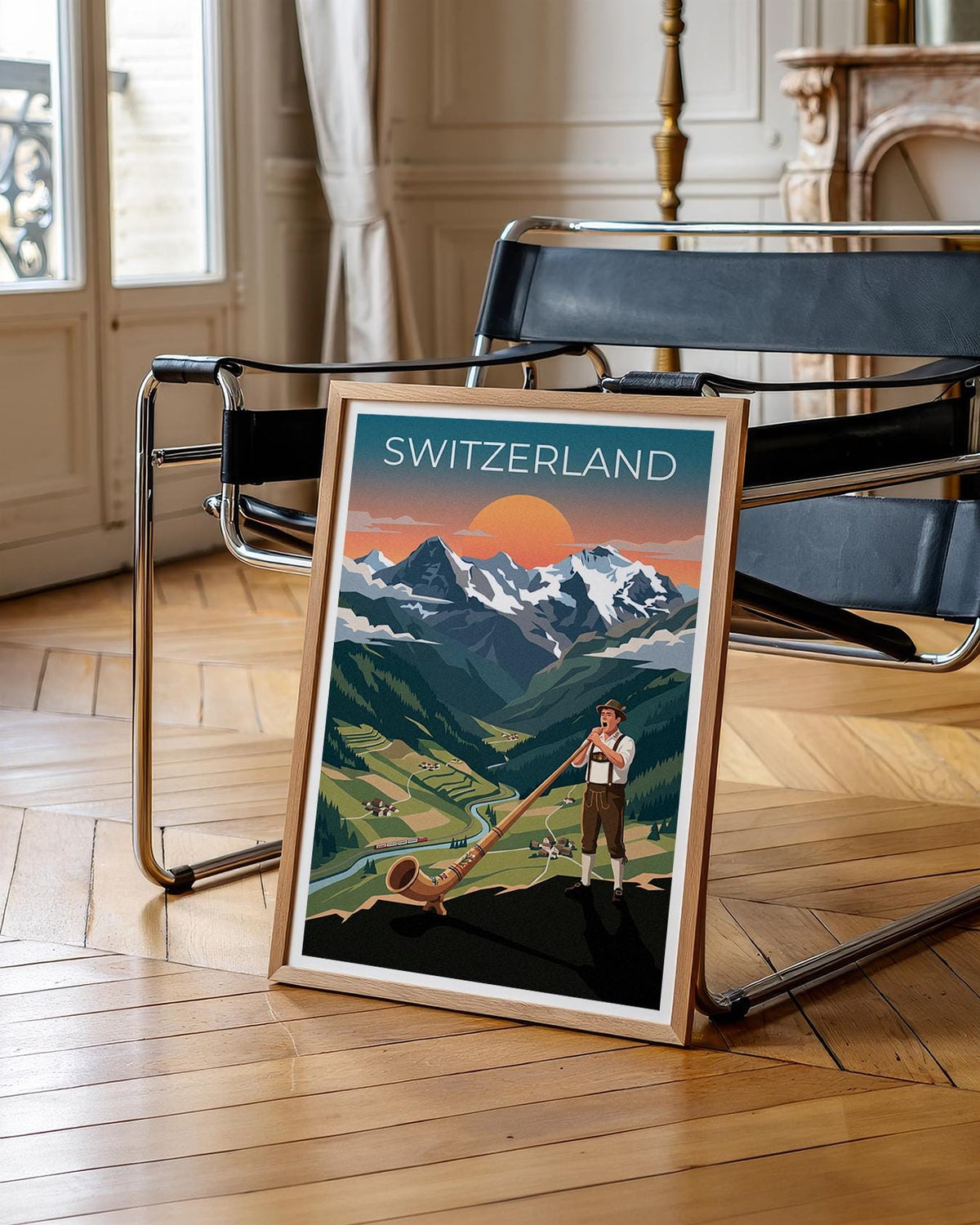 Swiss Yodeler Travel Poster, Switzerland Travel Print, Alphorn Musician Wall Art