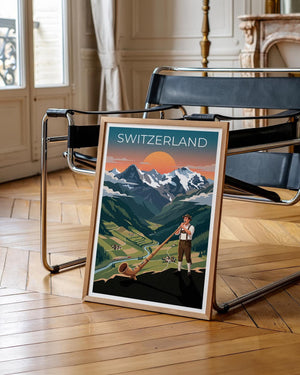 Swiss Yodeler Travel Poster, Switzerland Travel Print, Alphorn Musician Wall Art