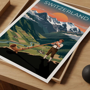 Swiss Yodeler Travel Poster, Switzerland Travel Print, Alphorn Musician Wall Art
