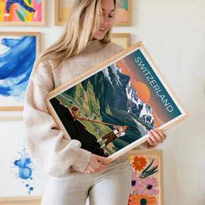 Swiss Yodeler Travel Poster, Switzerland Travel Print, Alphorn Musician Wall Art