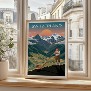 Swiss Yodeler Travel Poster, Switzerland Travel Print, Alphorn Musician Wall Art