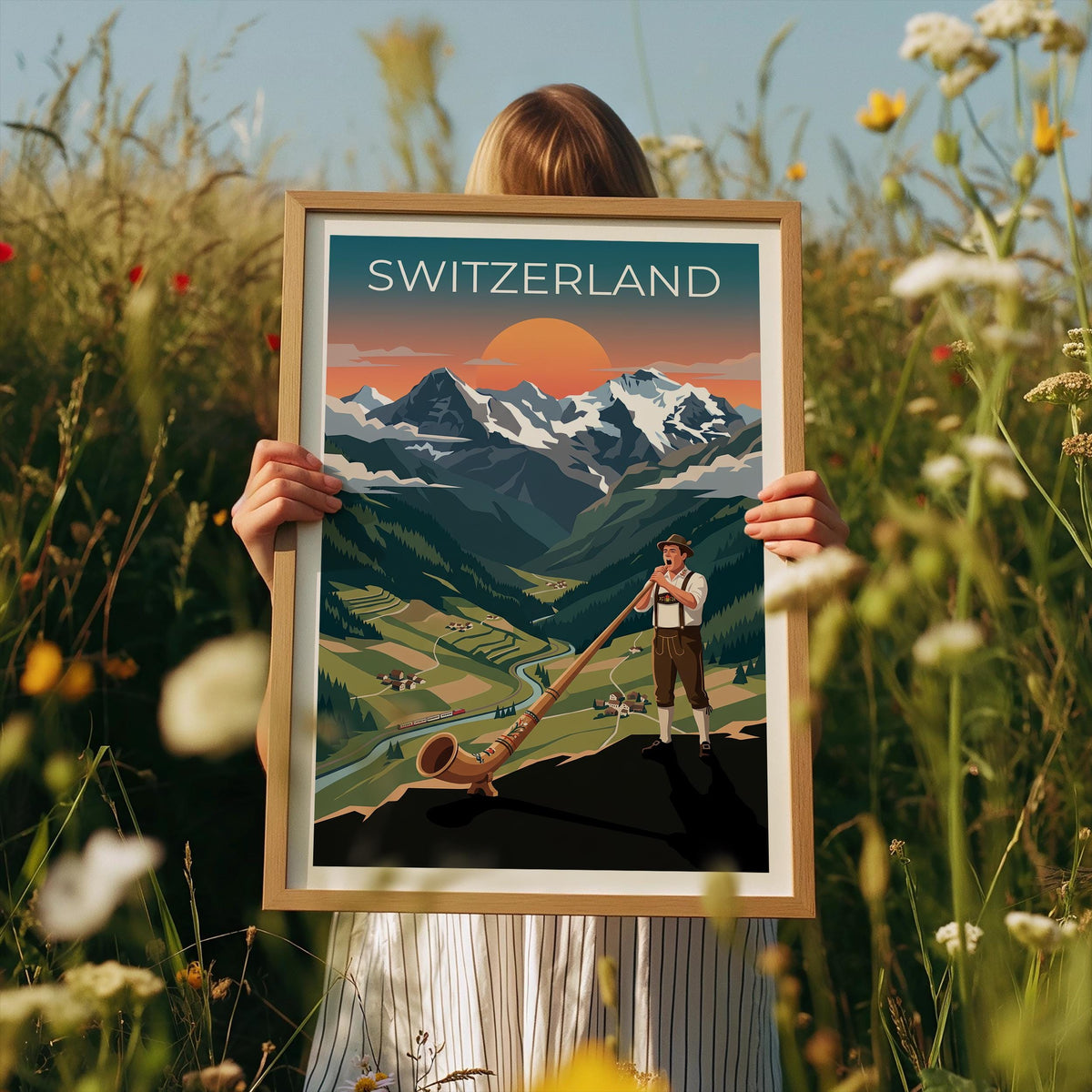 Swiss Yodeler Travel Poster, Switzerland Travel Print, Alphorn Musician Wall Art