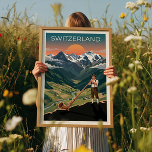 Swiss Yodeler Travel Poster, Switzerland Travel Print, Alphorn Musician Wall Art