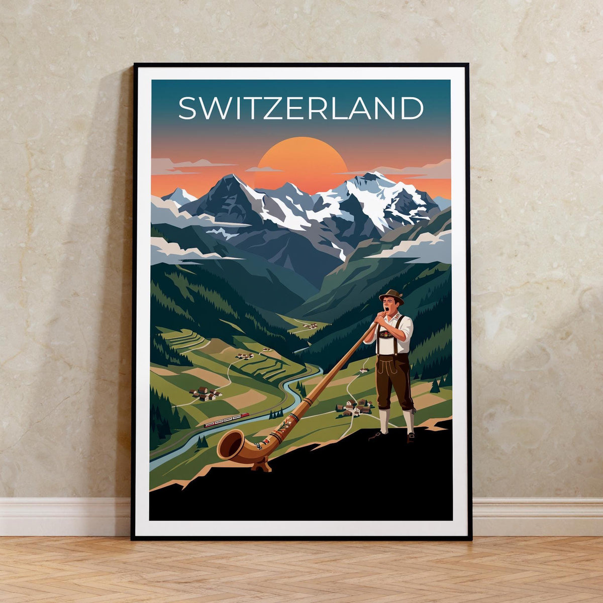 Swiss Yodeler Travel Poster, Switzerland Travel Print, Alphorn Musician Wall Art