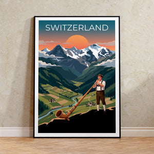 Swiss Yodeler Travel Poster, Switzerland Travel Print, Alphorn Musician Wall Art