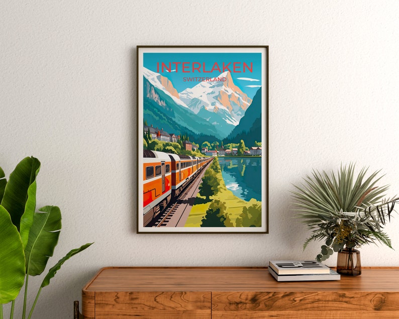Interlaken Switzerland Poster -  Swiss Train Lake Town Print