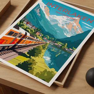Interlaken Switzerland Poster -  Swiss Train Lake Town Print