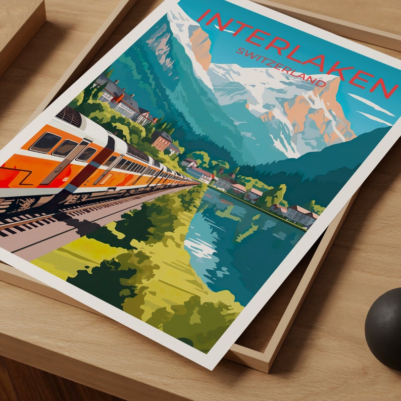 Interlaken Switzerland Poster -  Swiss Train Lake Town Print