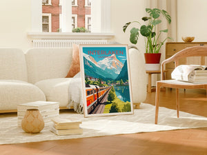 Interlaken Switzerland Poster -  Swiss Train Lake Town Print