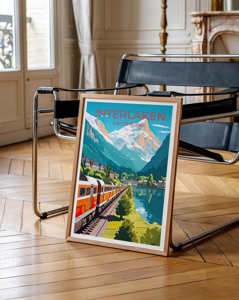 Interlaken Switzerland Poster -  Swiss Train Lake Town Print